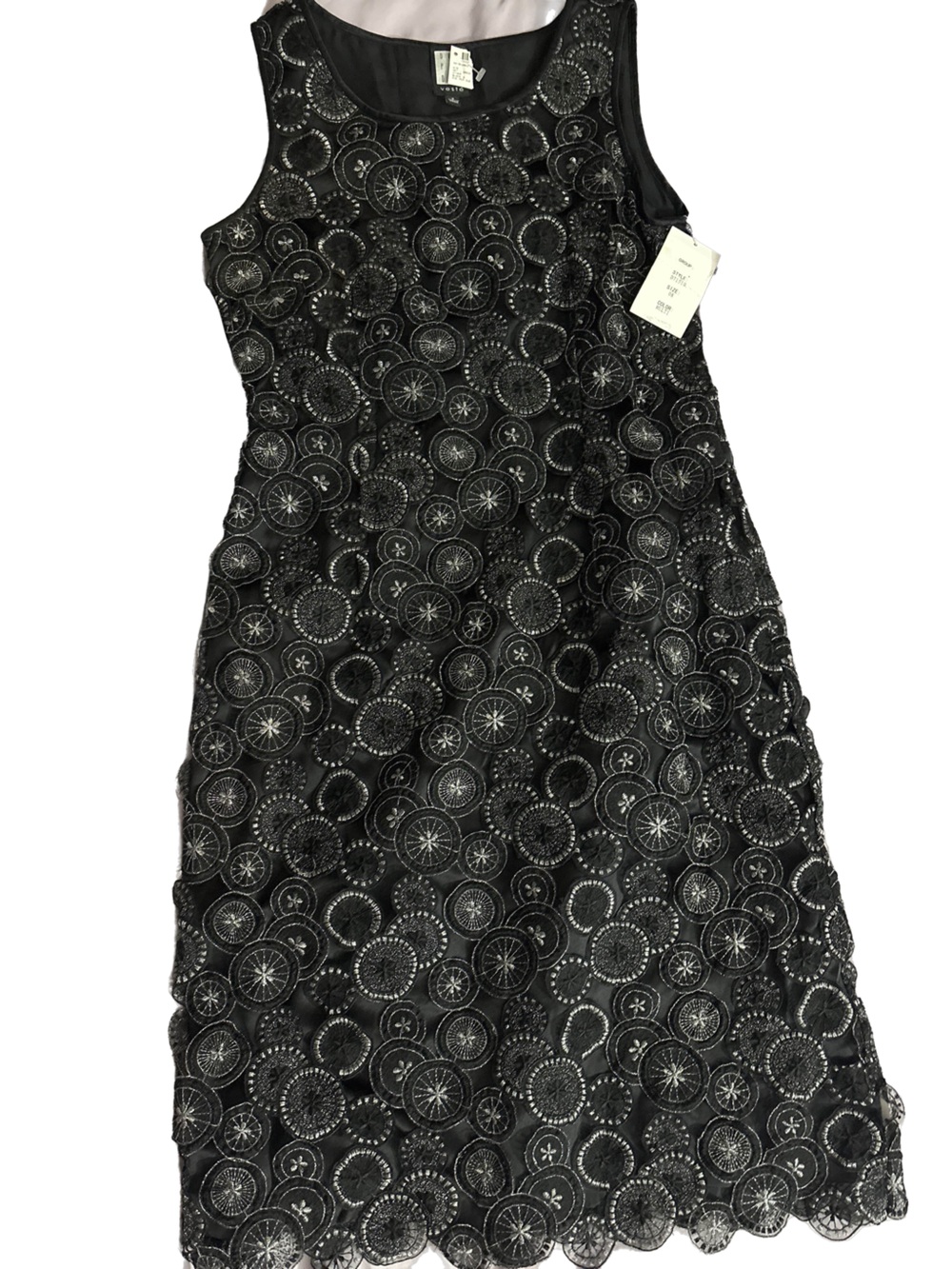Vieste Black Embroidered Circle-Pattern Dress 100% Silk